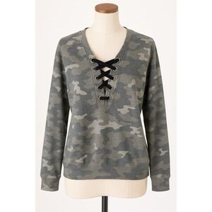 Pink Rose Camo Lace-Up Sweatshirt Women's XL‎ Gray Camouflage Grunge Outdoors